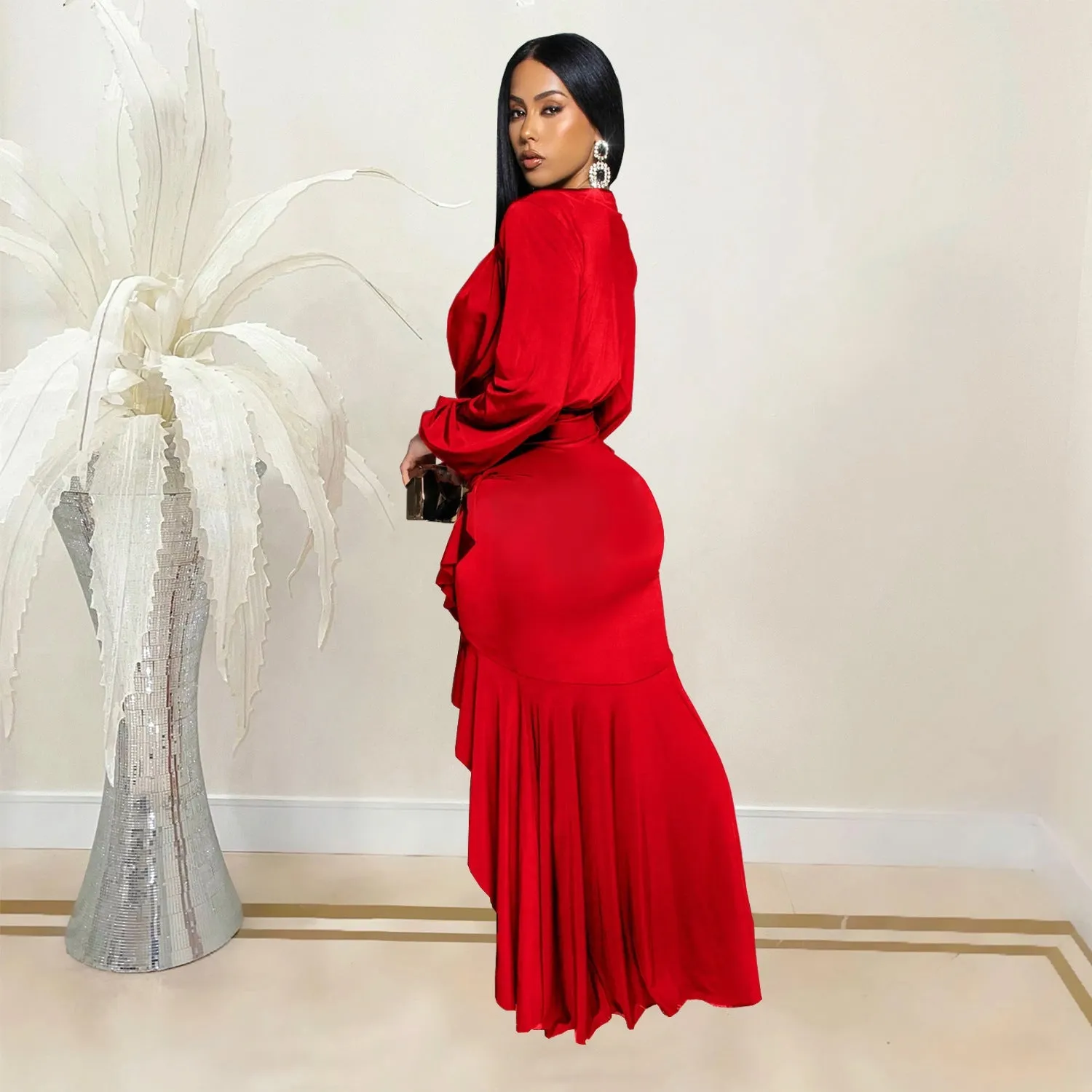 Sophisticated V-Neck Slit Long Sleeve Dress for Timeless Elegance
