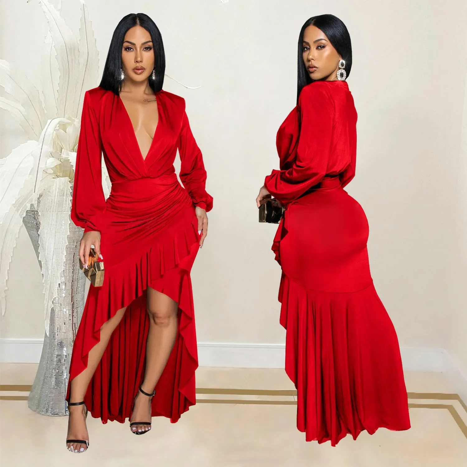 Sophisticated V-Neck Slit Long Sleeve Dress for Timeless Elegance