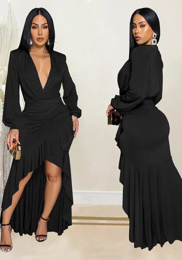 Sophisticated V-Neck Slit Long Sleeve Dress for Timeless Elegance