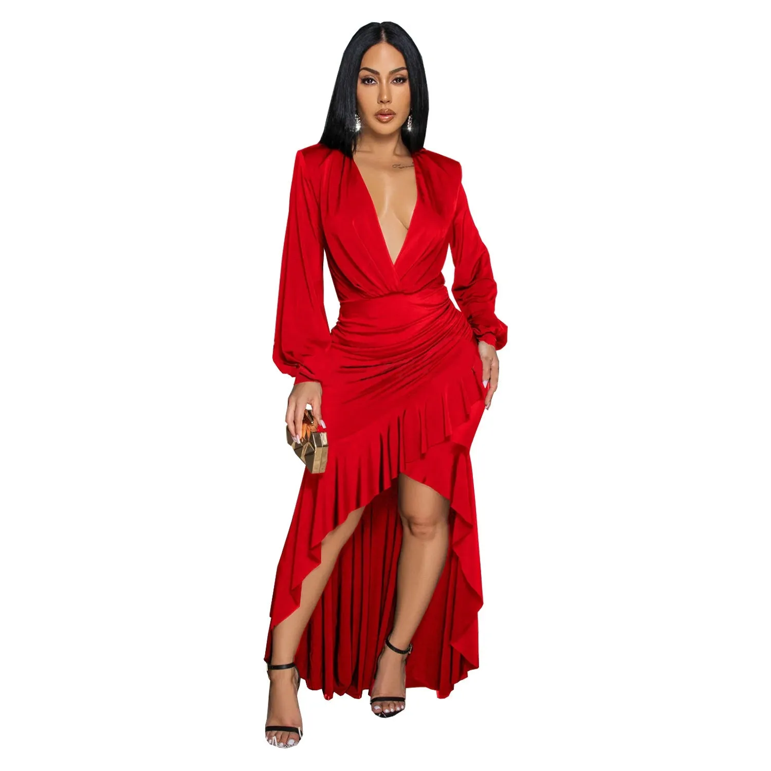 Sophisticated V-Neck Slit Long Sleeve Dress for Timeless Elegance