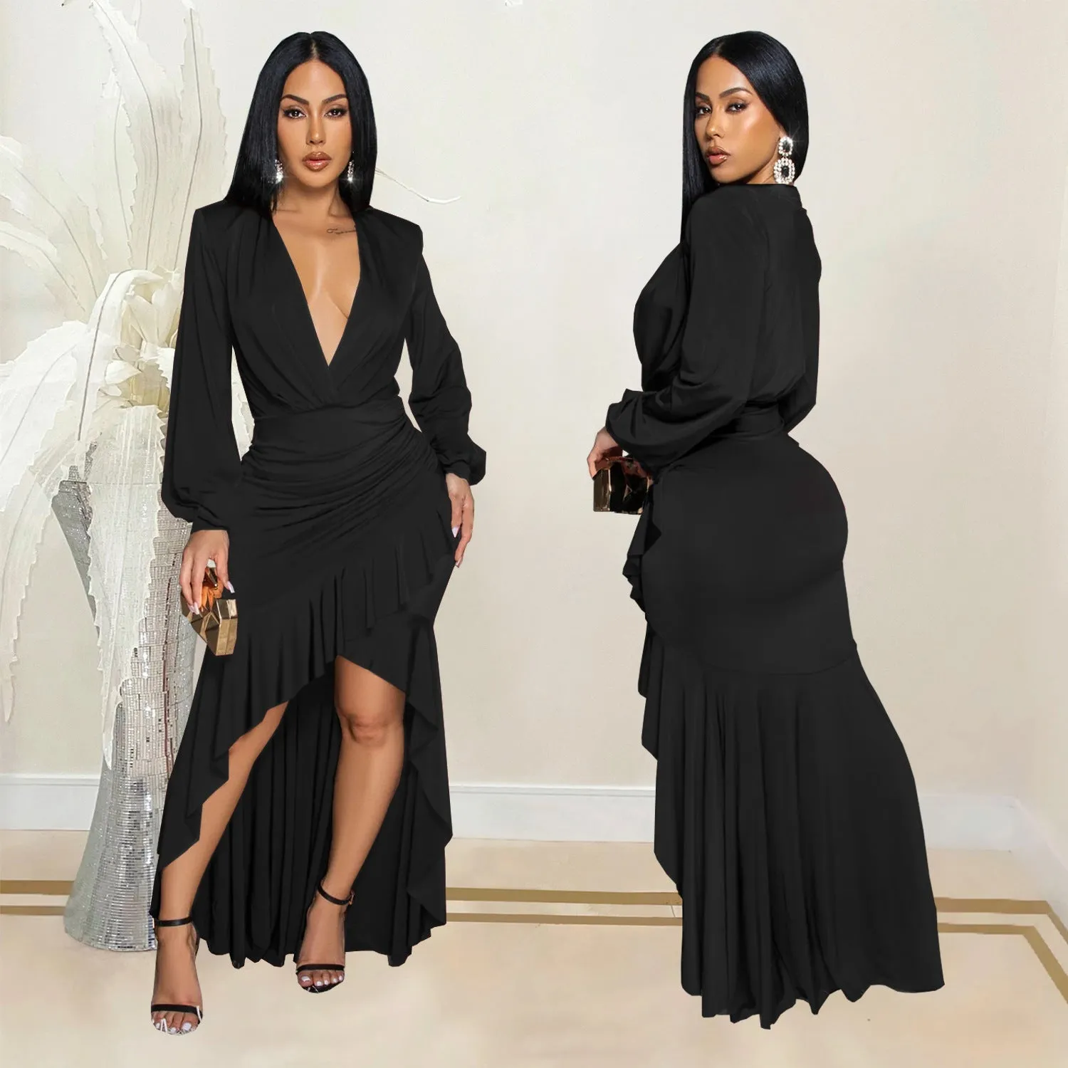 Sophisticated V-Neck Slit Long Sleeve Dress for Timeless Elegance