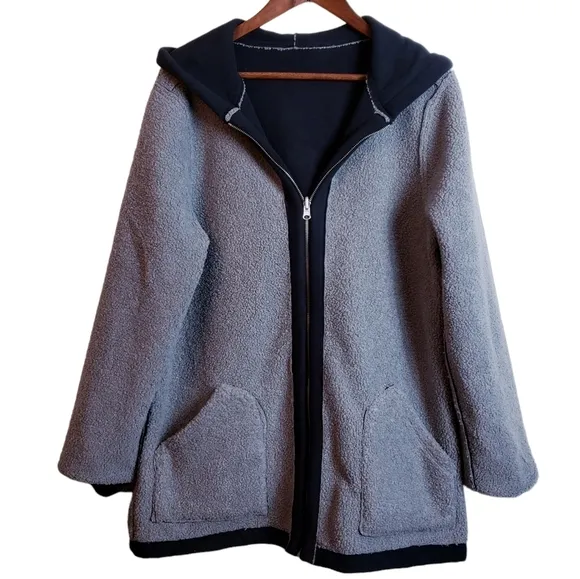 Susan Graver Reversible Polar Fleece Sherpa Coat Large Black Gray New