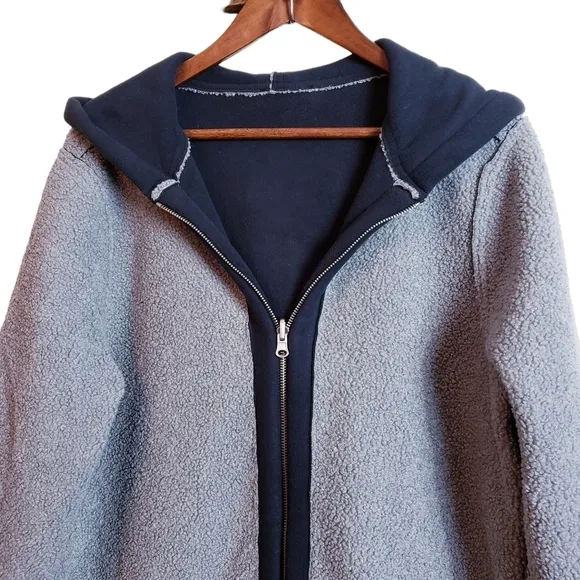 Susan Graver Reversible Polar Fleece Sherpa Coat Large Black Gray New