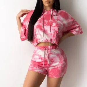 Tie Dye Print Long Sleeve Hoodie Two Piece Shorts Set