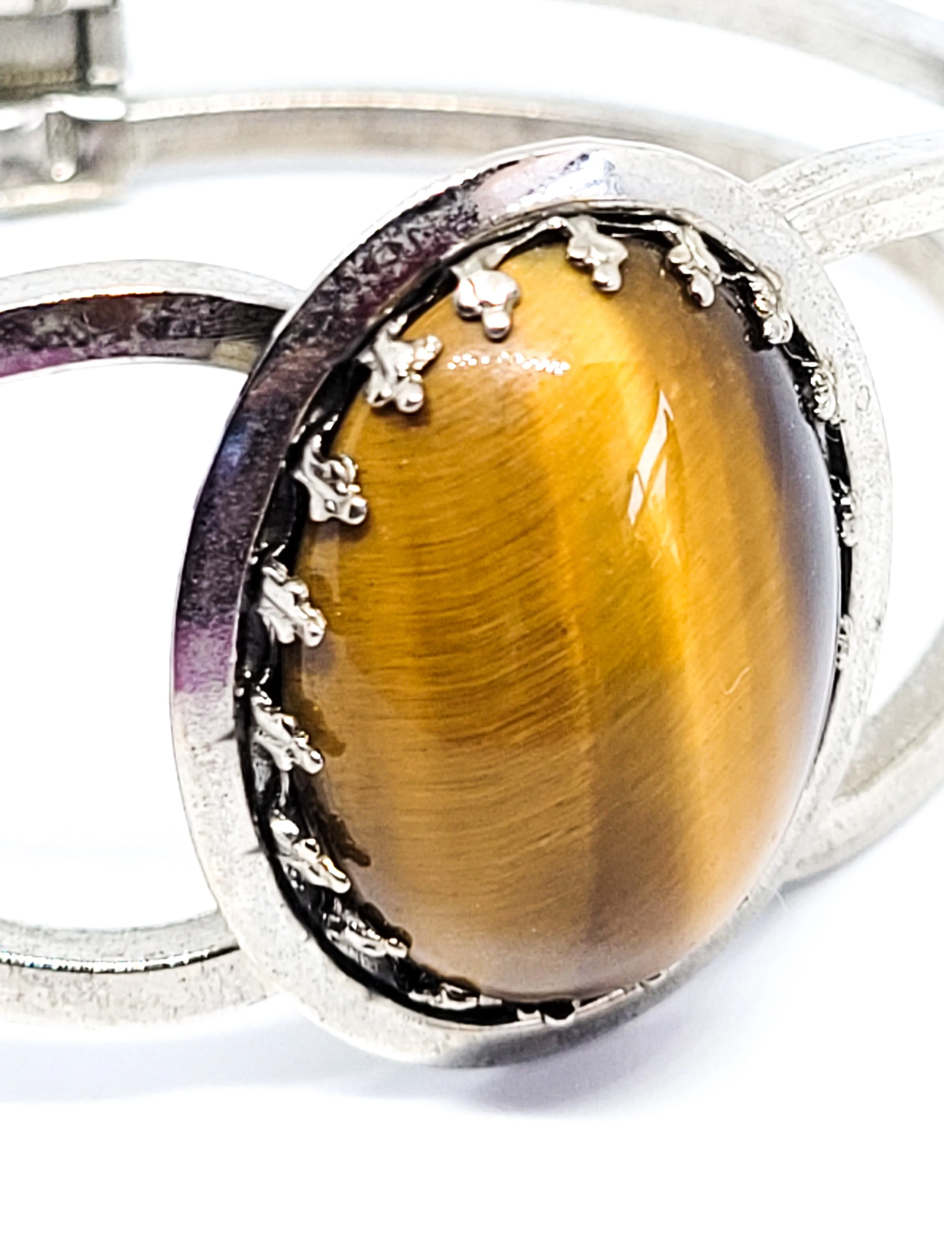 Tiger's eye large gemstone silver toned vintage clamper bracelet