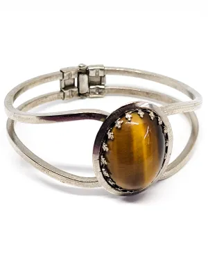 Tiger's eye large gemstone silver toned vintage clamper bracelet
