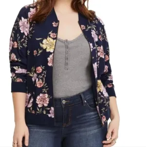 Torrid Bomber Jacket Woman Plus 1X Twill Navy Floral Cottage Boho Fairy Grunge