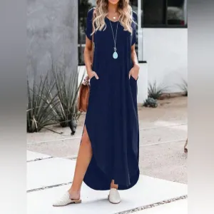 V neck short sleeve maxi dress slits with pockets navy blue