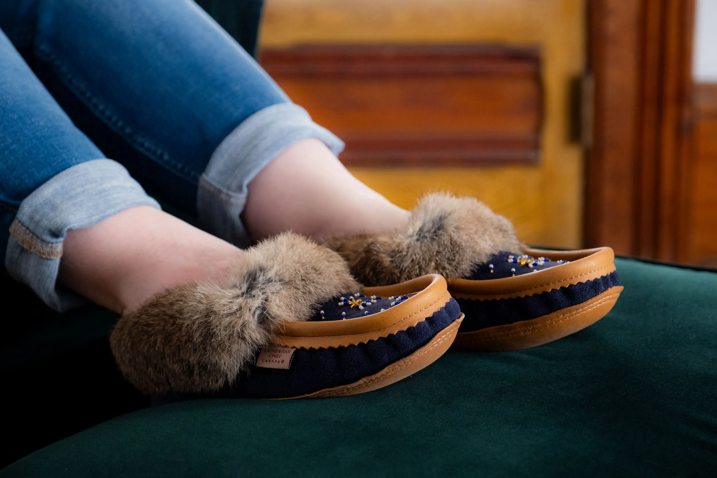 Women's Rabbit Fur Suede Beaded Moccasins